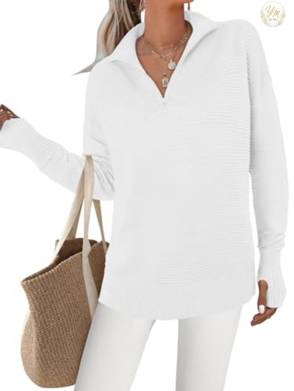 Women's Pullover Sweater Thumbholes Ribbed Knit Long Sleeve Quarter Zip